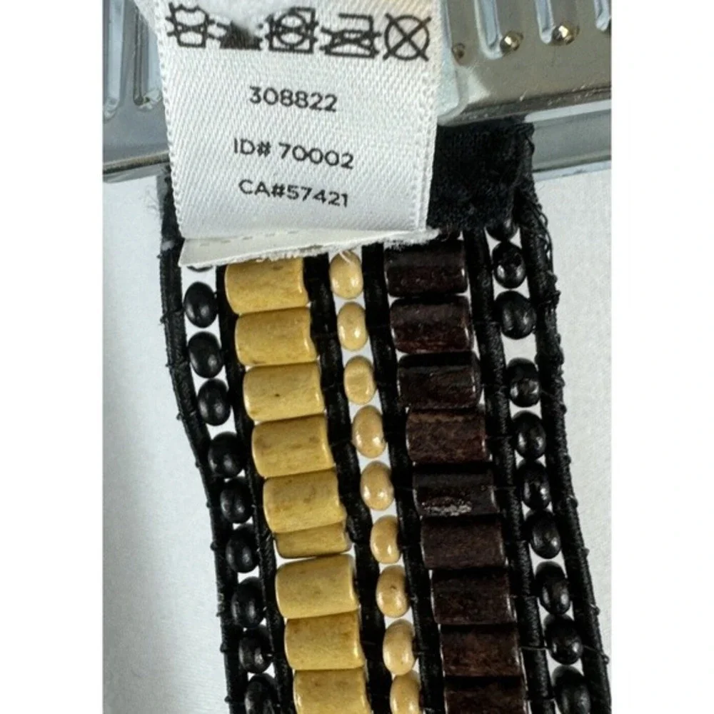 Loft Beaded Elastic Waist Belt Brown Tan Black Wood‎ Bead Stretch Boho 70-25